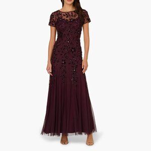 Adrianna Papell Floral Embroidered Beaded Trumpet Gown (Night Plum, 18)